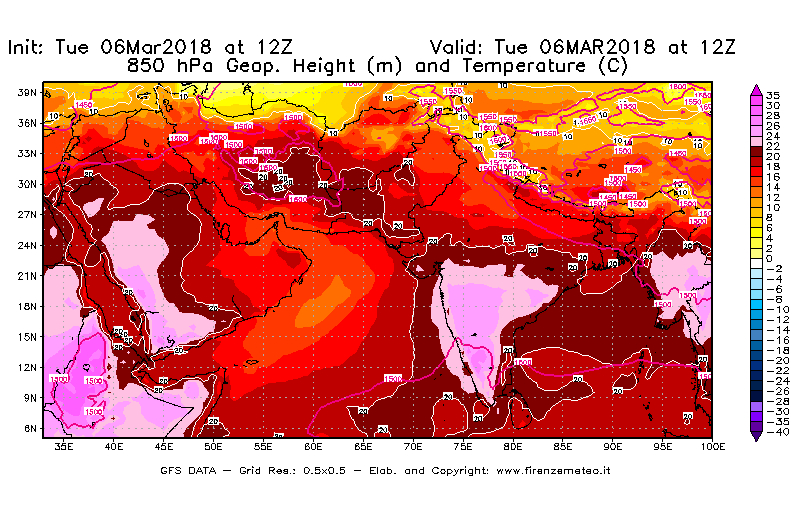 Mappa di analisi GFS - Geopotenziale [m] e Temperatura [°C] a 850 hPa in Asia Sud-Occidentale
							del 06/03/2018 12 <!--googleoff: index-->UTC<!--googleon: index-->