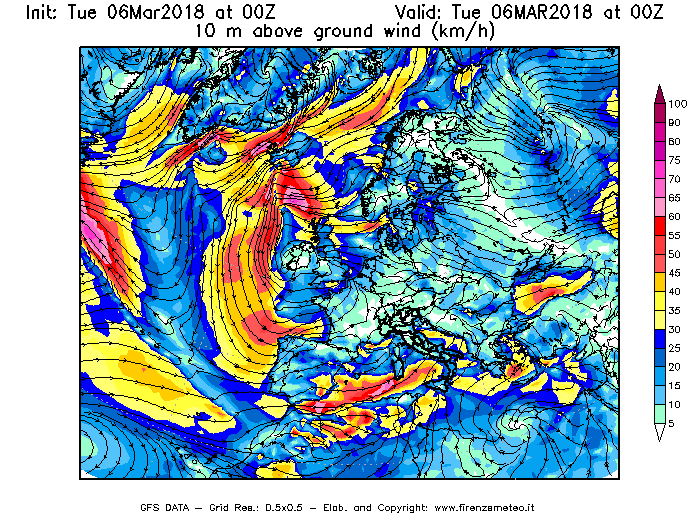 Mappa di analisi GFS - Velocità del vento a 10 metri dal suolo [km/h] in Europa
							del 06/03/2018 00 <!--googleoff: index-->UTC<!--googleon: index-->