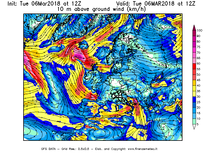 Mappa di analisi GFS - Velocità del vento a 10 metri dal suolo [km/h] in Europa
							del 06/03/2018 12 <!--googleoff: index-->UTC<!--googleon: index-->