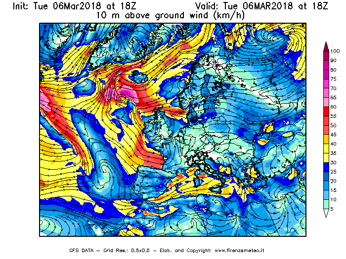 Mappa di analisi GFS - Velocità del vento a 10 metri dal suolo [km/h] in Europa
							del 06/03/2018 18 <!--googleoff: index-->UTC<!--googleon: index-->