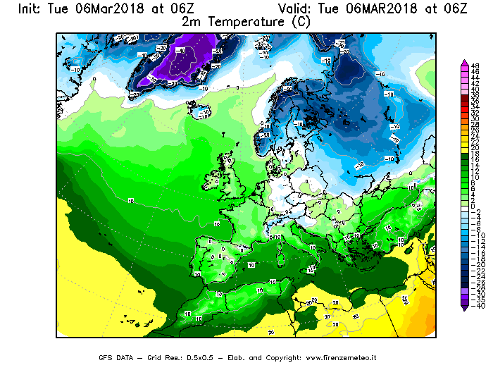 Mappa di analisi GFS - Temperatura a 2 metri dal suolo [°C] in Europa
							del 06/03/2018 06 <!--googleoff: index-->UTC<!--googleon: index-->