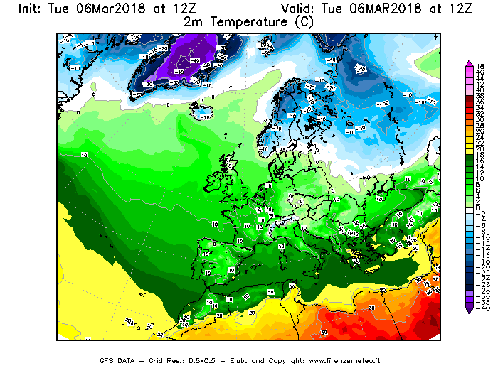 Mappa di analisi GFS - Temperatura a 2 metri dal suolo [°C] in Europa
							del 06/03/2018 12 <!--googleoff: index-->UTC<!--googleon: index-->