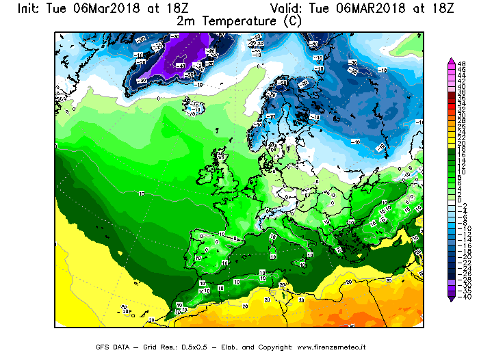 Mappa di analisi GFS - Temperatura a 2 metri dal suolo [°C] in Europa
							del 06/03/2018 18 <!--googleoff: index-->UTC<!--googleon: index-->