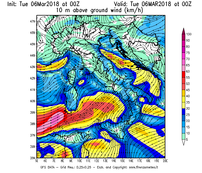 Mappa di analisi GFS - Velocità del vento a 10 metri dal suolo [km/h] in Italia
							del 06/03/2018 00 <!--googleoff: index-->UTC<!--googleon: index-->