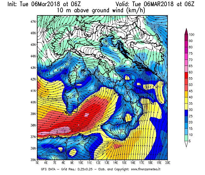 Mappa di analisi GFS - Velocità del vento a 10 metri dal suolo [km/h] in Italia
							del 06/03/2018 06 <!--googleoff: index-->UTC<!--googleon: index-->