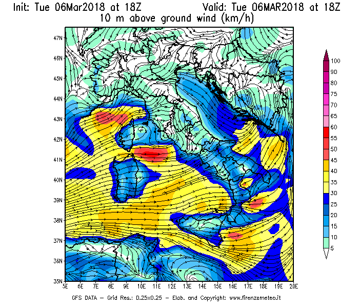 Mappa di analisi GFS - Velocità del vento a 10 metri dal suolo [km/h] in Italia
							del 06/03/2018 18 <!--googleoff: index-->UTC<!--googleon: index-->