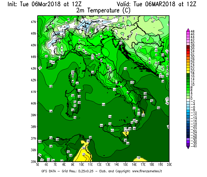 Mappa di analisi GFS - Temperatura a 2 metri dal suolo [°C] in Italia
							del 06/03/2018 12 <!--googleoff: index-->UTC<!--googleon: index-->