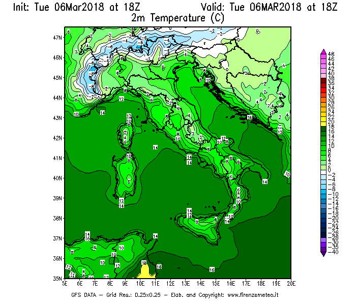 Mappa di analisi GFS - Temperatura a 2 metri dal suolo [°C] in Italia
							del 06/03/2018 18 <!--googleoff: index-->UTC<!--googleon: index-->