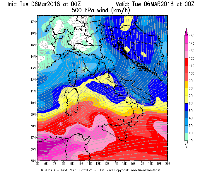 Mappa di analisi GFS - Velocità del vento a 500 hPa [km/h] in Italia
							del 06/03/2018 00 <!--googleoff: index-->UTC<!--googleon: index-->