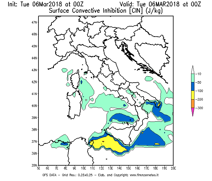 Mappa di analisi GFS - CIN [J/kg] in Italia
							del 06/03/2018 00 <!--googleoff: index-->UTC<!--googleon: index-->