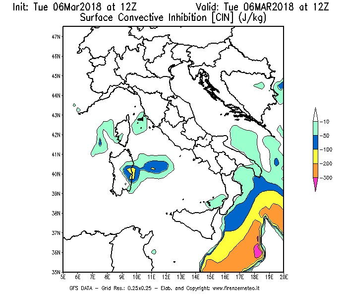 Mappa di analisi GFS - CIN [J/kg] in Italia
							del 06/03/2018 12 <!--googleoff: index-->UTC<!--googleon: index-->