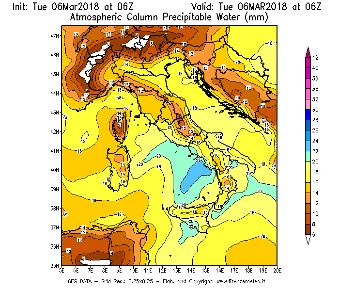 Mappa di analisi GFS - Precipitable Water [mm] in Italia
							del 06/03/2018 06 <!--googleoff: index-->UTC<!--googleon: index-->