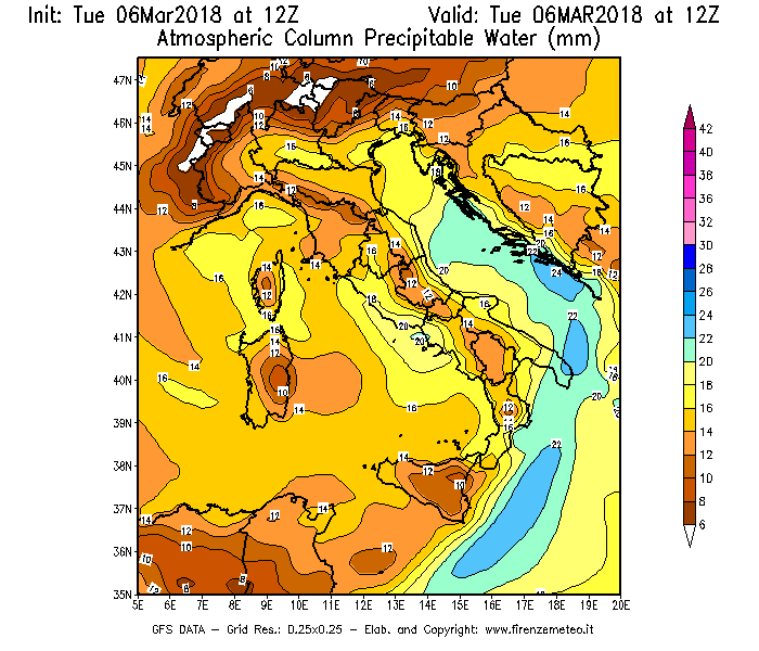 Mappa di analisi GFS - Precipitable Water [mm] in Italia
							del 06/03/2018 12 <!--googleoff: index-->UTC<!--googleon: index-->