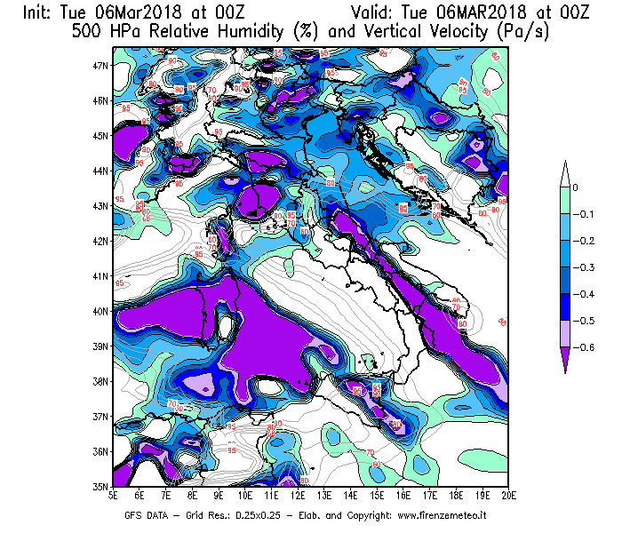 Mappa di analisi GFS - Umidità relativa [%] e Omega [Pa/s] a 500 hPa in Italia
							del 06/03/2018 00 <!--googleoff: index-->UTC<!--googleon: index-->