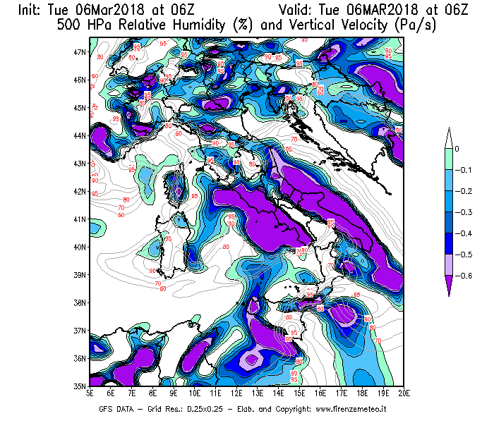 Mappa di analisi GFS - Umidità relativa [%] e Omega [Pa/s] a 500 hPa in Italia
							del 06/03/2018 06 <!--googleoff: index-->UTC<!--googleon: index-->