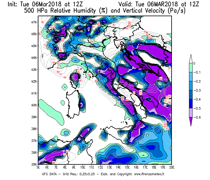 Mappa di analisi GFS - Umidità relativa [%] e Omega [Pa/s] a 500 hPa in Italia
							del 06/03/2018 12 <!--googleoff: index-->UTC<!--googleon: index-->
