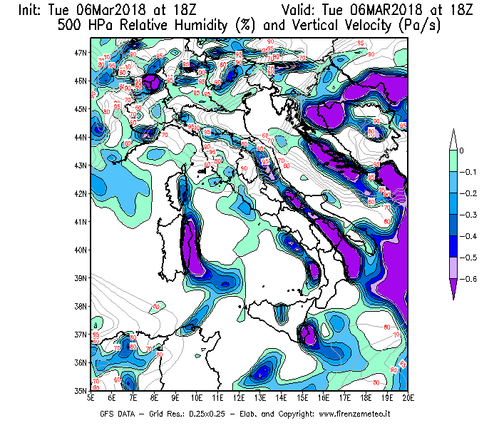 Mappa di analisi GFS - Umidità relativa [%] e Omega [Pa/s] a 500 hPa in Italia
							del 06/03/2018 18 <!--googleoff: index-->UTC<!--googleon: index-->