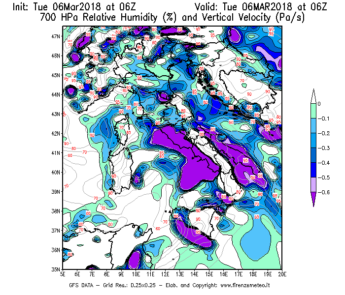 Mappa di analisi GFS - Umidità relativa [%] e Omega [Pa/s] a 700 hPa in Italia
							del 06/03/2018 06 <!--googleoff: index-->UTC<!--googleon: index-->