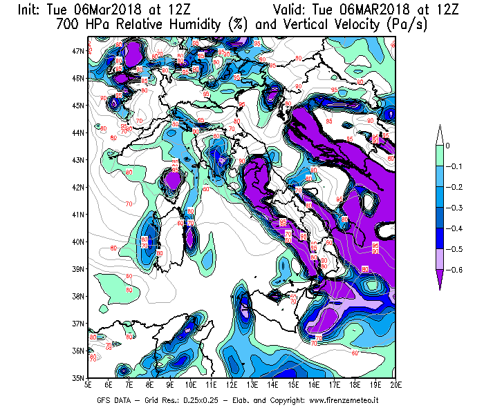 Mappa di analisi GFS - Umidità relativa [%] e Omega [Pa/s] a 700 hPa in Italia
							del 06/03/2018 12 <!--googleoff: index-->UTC<!--googleon: index-->