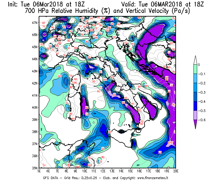 Mappa di analisi GFS - Umidità relativa [%] e Omega [Pa/s] a 700 hPa in Italia
							del 06/03/2018 18 <!--googleoff: index-->UTC<!--googleon: index-->