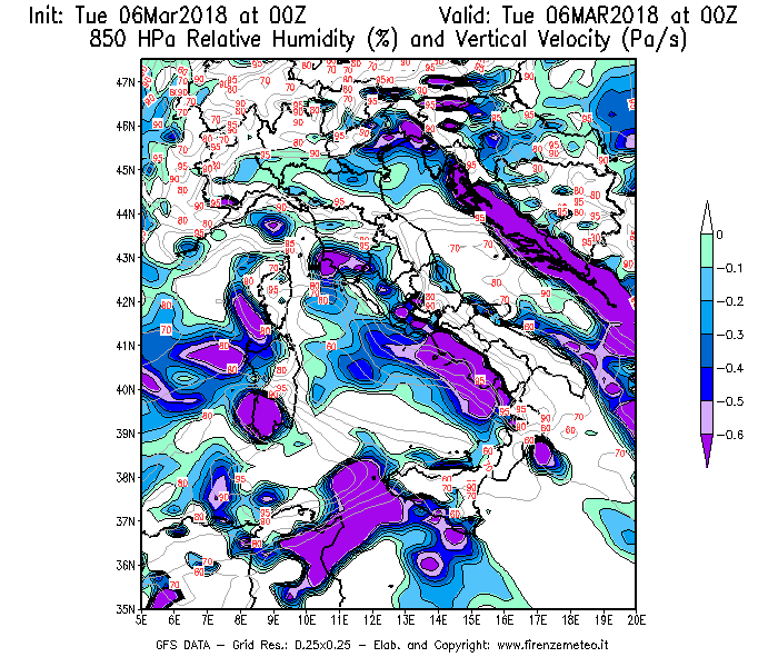 Mappa di analisi GFS - Umidità relativa [%] e Omega [Pa/s] a 850 hPa in Italia
							del 06/03/2018 00 <!--googleoff: index-->UTC<!--googleon: index-->
