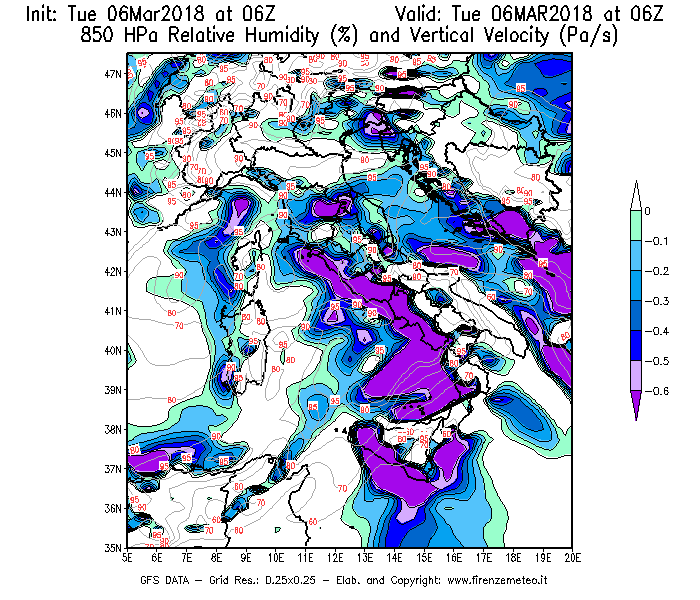 Mappa di analisi GFS - Umidità relativa [%] e Omega [Pa/s] a 850 hPa in Italia
							del 06/03/2018 06 <!--googleoff: index-->UTC<!--googleon: index-->