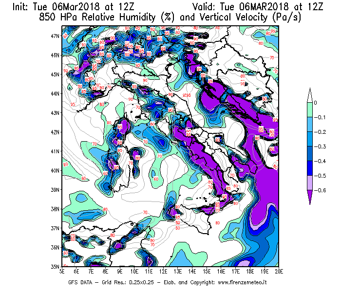 Mappa di analisi GFS - Umidità relativa [%] e Omega [Pa/s] a 850 hPa in Italia
							del 06/03/2018 12 <!--googleoff: index-->UTC<!--googleon: index-->