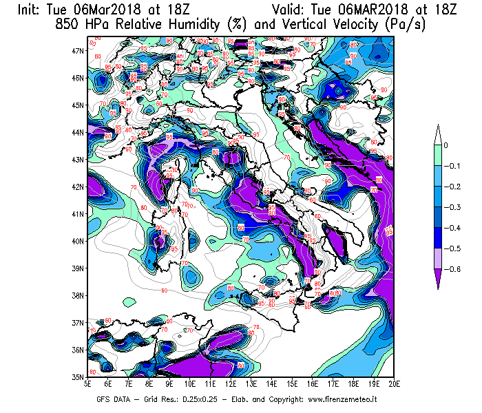 Mappa di analisi GFS - Umidità relativa [%] e Omega [Pa/s] a 850 hPa in Italia
							del 06/03/2018 18 <!--googleoff: index-->UTC<!--googleon: index-->