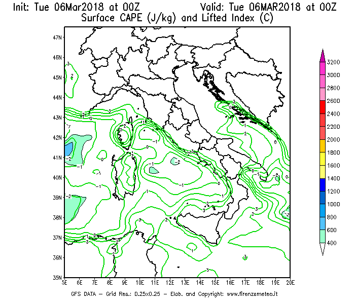 Mappa di analisi GFS - CAPE [J/kg] e Lifted Index [°C] in Italia
							del 06/03/2018 00 <!--googleoff: index-->UTC<!--googleon: index-->