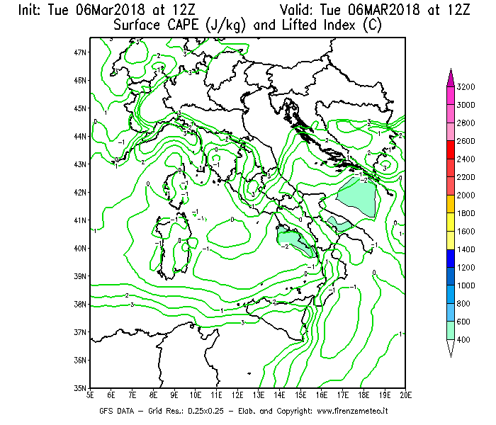 Mappa di analisi GFS - CAPE [J/kg] e Lifted Index [°C] in Italia
							del 06/03/2018 12 <!--googleoff: index-->UTC<!--googleon: index-->
