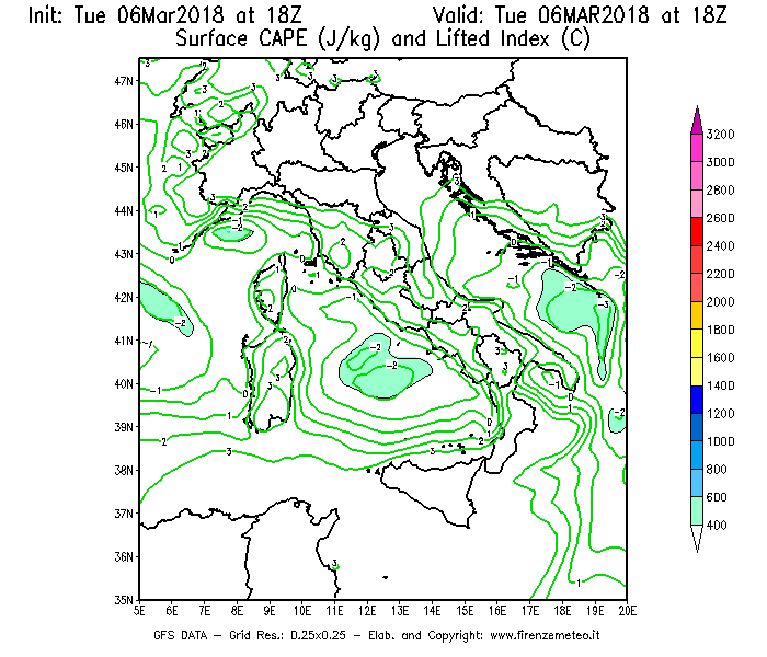 Mappa di analisi GFS - CAPE [J/kg] e Lifted Index [°C] in Italia
							del 06/03/2018 18 <!--googleoff: index-->UTC<!--googleon: index-->
