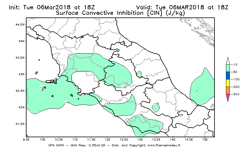 Mappa di analisi GFS - CIN [J/kg] in Centro-Italia
							del 06/03/2018 18 <!--googleoff: index-->UTC<!--googleon: index-->