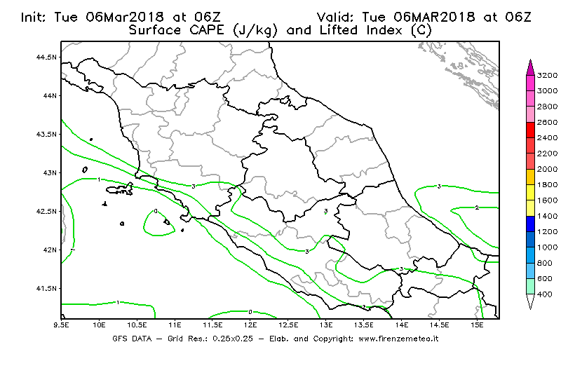 Mappa di analisi GFS - CAPE [J/kg] e Lifted Index [°C] in Centro-Italia
							del 06/03/2018 06 <!--googleoff: index-->UTC<!--googleon: index-->