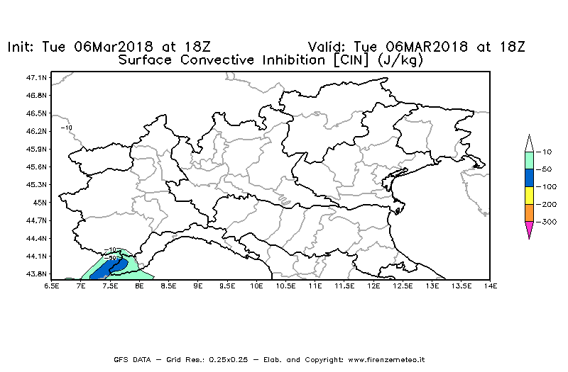 Mappa di analisi GFS - CIN [J/kg] in Nord-Italia
							del 06/03/2018 18 <!--googleoff: index-->UTC<!--googleon: index-->