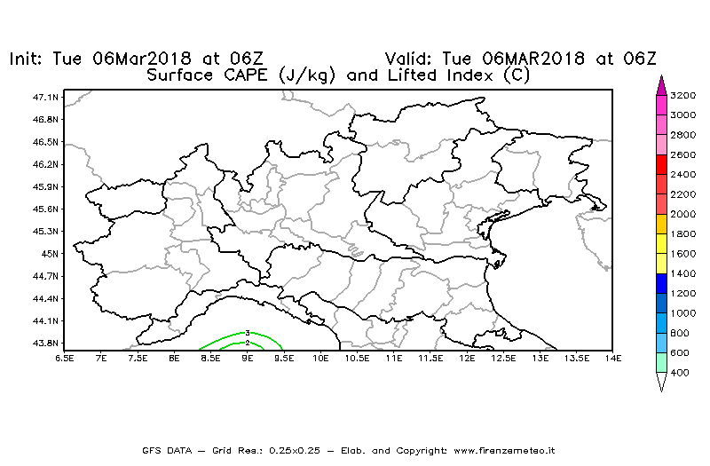 Mappa di analisi GFS - CAPE [J/kg] e Lifted Index [°C] in Nord-Italia
							del 06/03/2018 06 <!--googleoff: index-->UTC<!--googleon: index-->