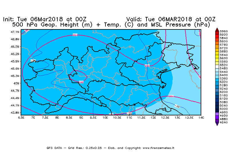 Mappa di analisi GFS - Geopotenziale [m] + Temp. [°C] a 500 hPa + Press. a livello del mare [hPa] in Nord-Italia
							del 06/03/2018 00 <!--googleoff: index-->UTC<!--googleon: index-->