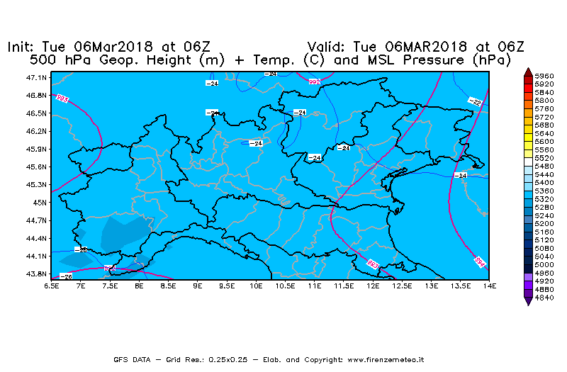 Mappa di analisi GFS - Geopotenziale [m] + Temp. [°C] a 500 hPa + Press. a livello del mare [hPa] in Nord-Italia
							del 06/03/2018 06 <!--googleoff: index-->UTC<!--googleon: index-->