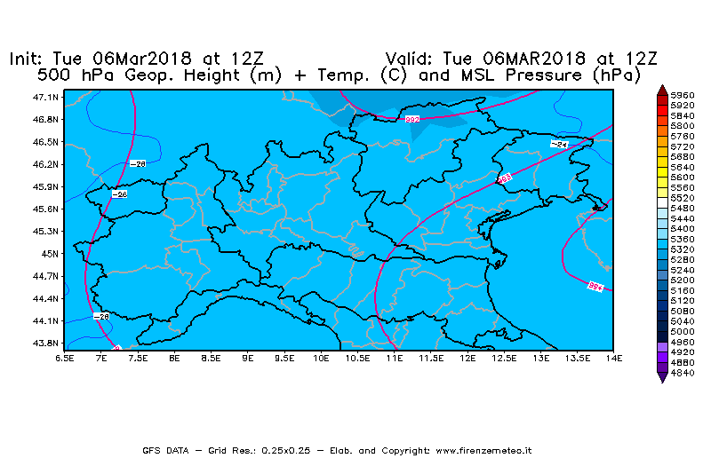 Mappa di analisi GFS - Geopotenziale [m] + Temp. [°C] a 500 hPa + Press. a livello del mare [hPa] in Nord-Italia
							del 06/03/2018 12 <!--googleoff: index-->UTC<!--googleon: index-->