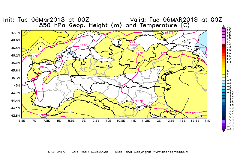 Mappa di analisi GFS - Geopotenziale [m] e Temperatura [°C] a 850 hPa in Nord-Italia
							del 06/03/2018 00 <!--googleoff: index-->UTC<!--googleon: index-->