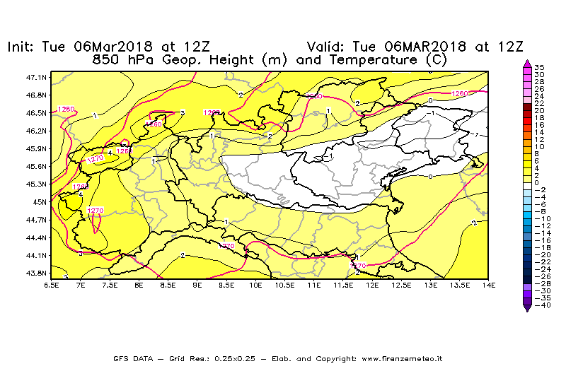 Mappa di analisi GFS - Geopotenziale [m] e Temperatura [°C] a 850 hPa in Nord-Italia
							del 06/03/2018 12 <!--googleoff: index-->UTC<!--googleon: index-->