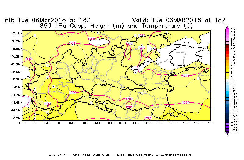 Mappa di analisi GFS - Geopotenziale [m] e Temperatura [°C] a 850 hPa in Nord-Italia
							del 06/03/2018 18 <!--googleoff: index-->UTC<!--googleon: index-->