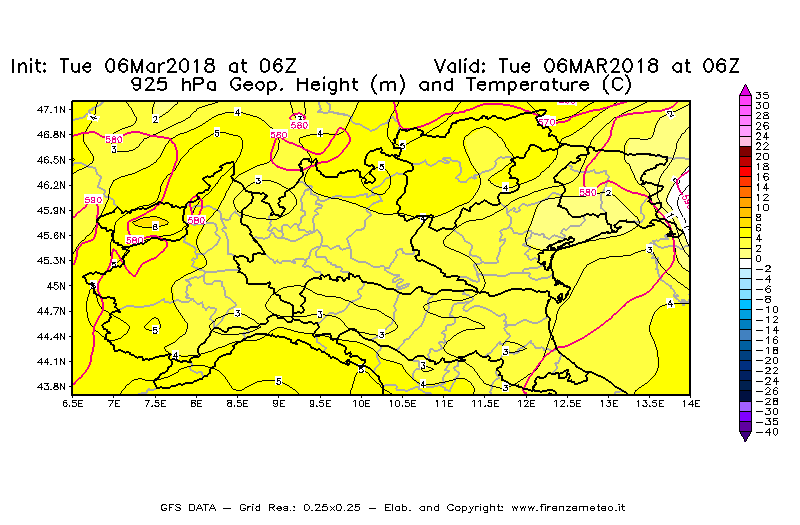 Mappa di analisi GFS - Geopotenziale [m] e Temperatura [°C] a 925 hPa in Nord-Italia
							del 06/03/2018 06 <!--googleoff: index-->UTC<!--googleon: index-->