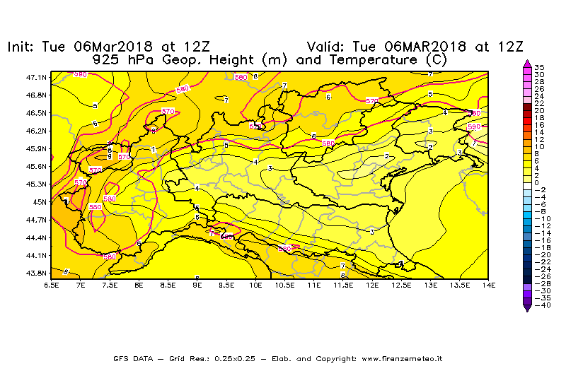 Mappa di analisi GFS - Geopotenziale [m] e Temperatura [°C] a 925 hPa in Nord-Italia
							del 06/03/2018 12 <!--googleoff: index-->UTC<!--googleon: index-->
