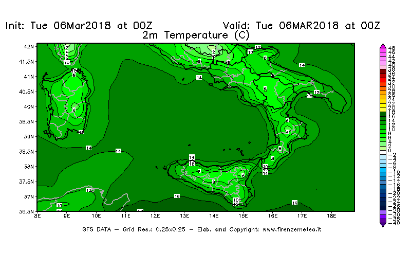 Mappa di analisi GFS - Temperatura a 2 metri dal suolo [°C] in Sud-Italia
							del 06/03/2018 00 <!--googleoff: index-->UTC<!--googleon: index-->