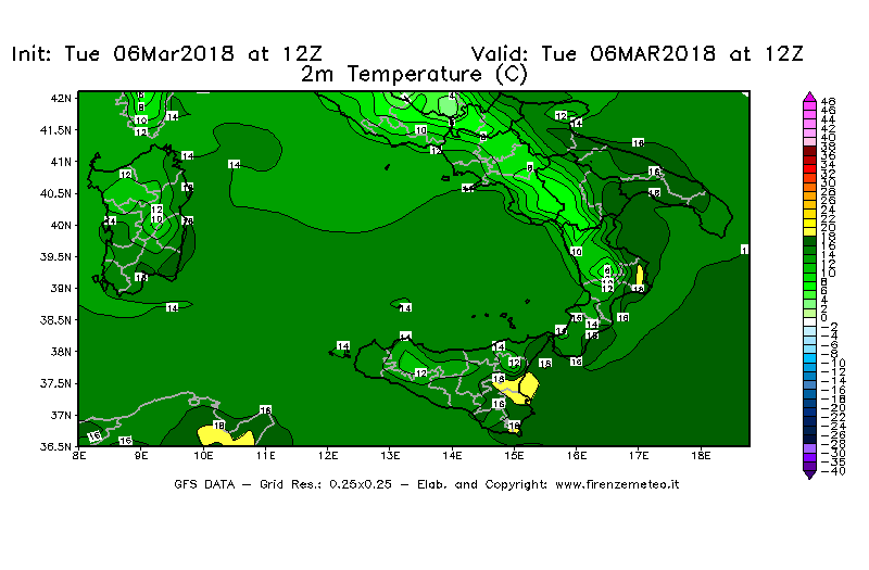 Mappa di analisi GFS - Temperatura a 2 metri dal suolo [°C] in Sud-Italia
							del 06/03/2018 12 <!--googleoff: index-->UTC<!--googleon: index-->