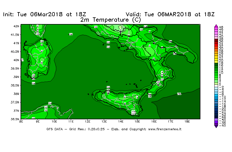 Mappa di analisi GFS - Temperatura a 2 metri dal suolo [°C] in Sud-Italia
							del 06/03/2018 18 <!--googleoff: index-->UTC<!--googleon: index-->