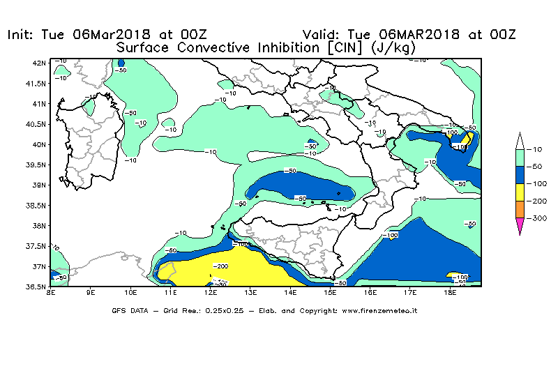 Mappa di analisi GFS - CIN [J/kg] in Sud-Italia
							del 06/03/2018 00 <!--googleoff: index-->UTC<!--googleon: index-->