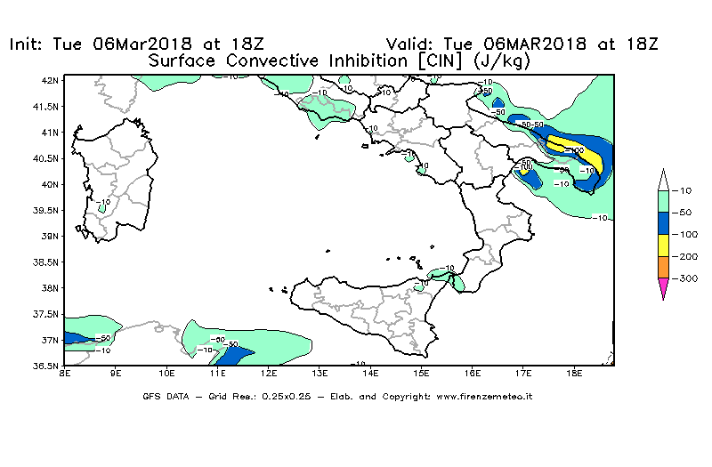 Mappa di analisi GFS - CIN [J/kg] in Sud-Italia
							del 06/03/2018 18 <!--googleoff: index-->UTC<!--googleon: index-->