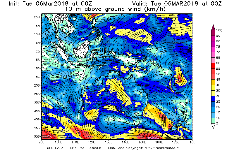 Mappa di analisi GFS - Velocità del vento a 10 metri dal suolo [km/h] in Oceania
							del 06/03/2018 00 <!--googleoff: index-->UTC<!--googleon: index-->