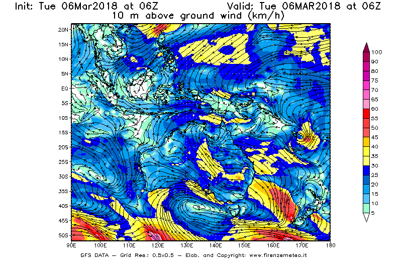 Mappa di analisi GFS - Velocità del vento a 10 metri dal suolo [km/h] in Oceania
							del 06/03/2018 06 <!--googleoff: index-->UTC<!--googleon: index-->